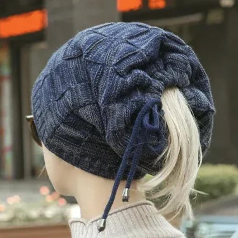 Women's Beanie or Scarf showing the beanie on the back of the hear of a model