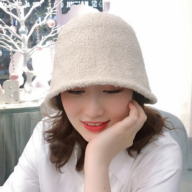 Fuzzy Bucket Hat on model in white front view