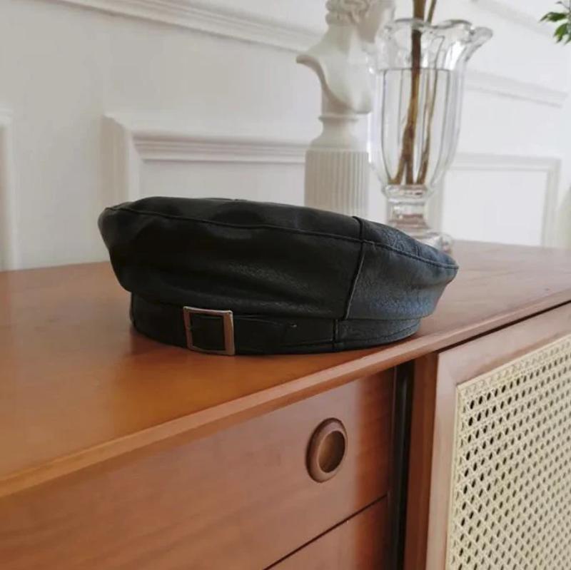 leather beret black color