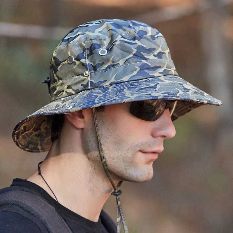 camo bucket hat in green on model