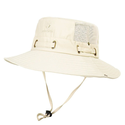 hiking hat on model in khaki