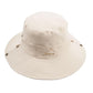 reversible bucket hat showing beige solid color side