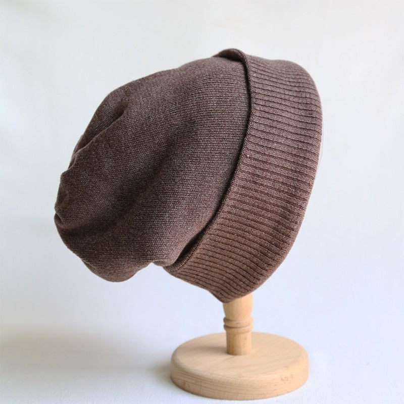 Slouchy Beanie Womens  on stand in brown