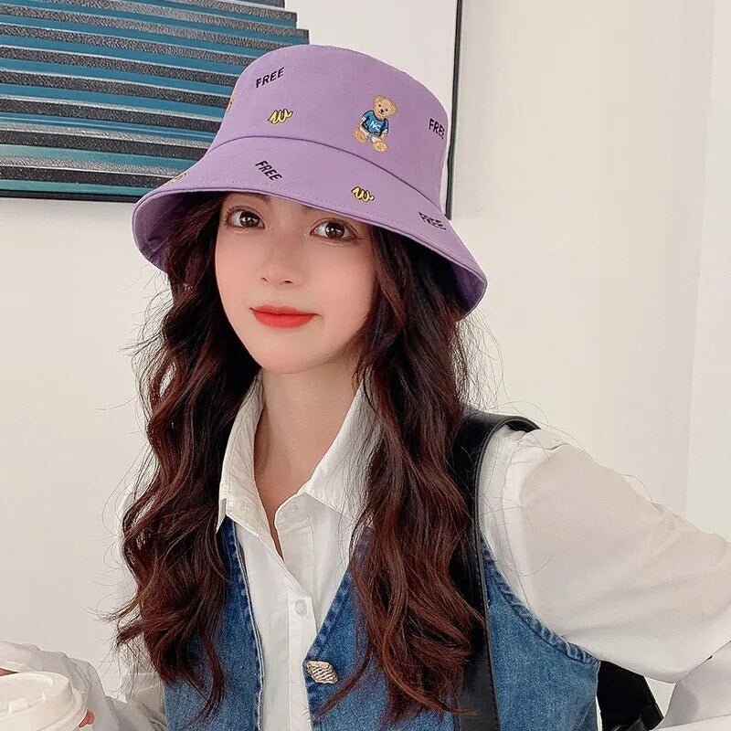 bear bucket hat in purple on model