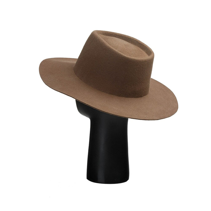 wool fedora hat on a stand back view 