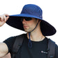 wide brim bucket hat on model in blue