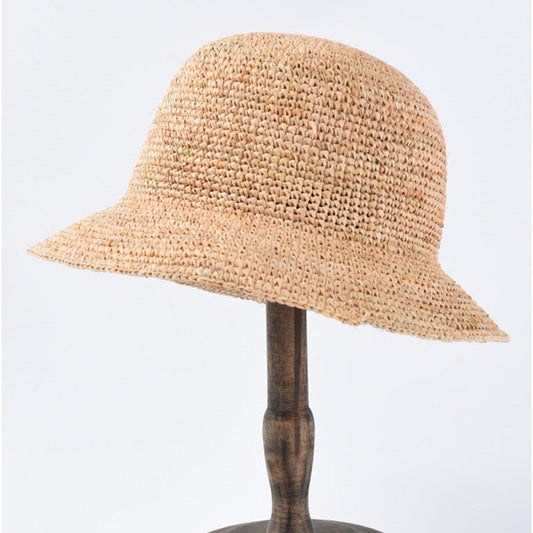 crochet bucket hat on model close up