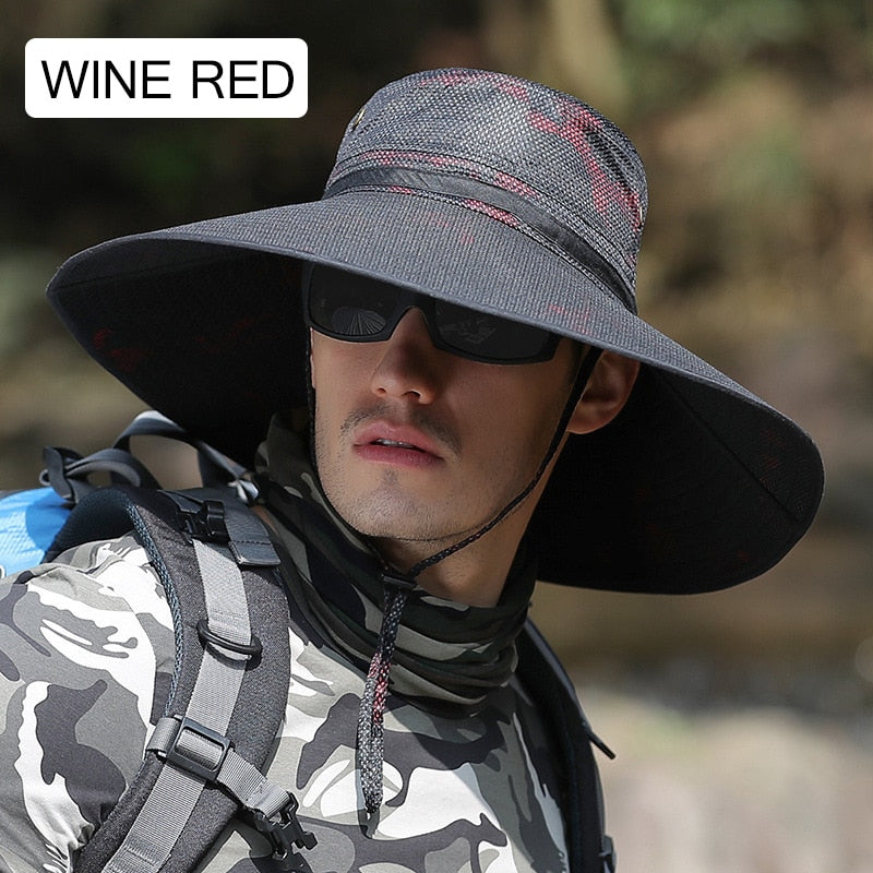 camouflage bucket hat on model in red