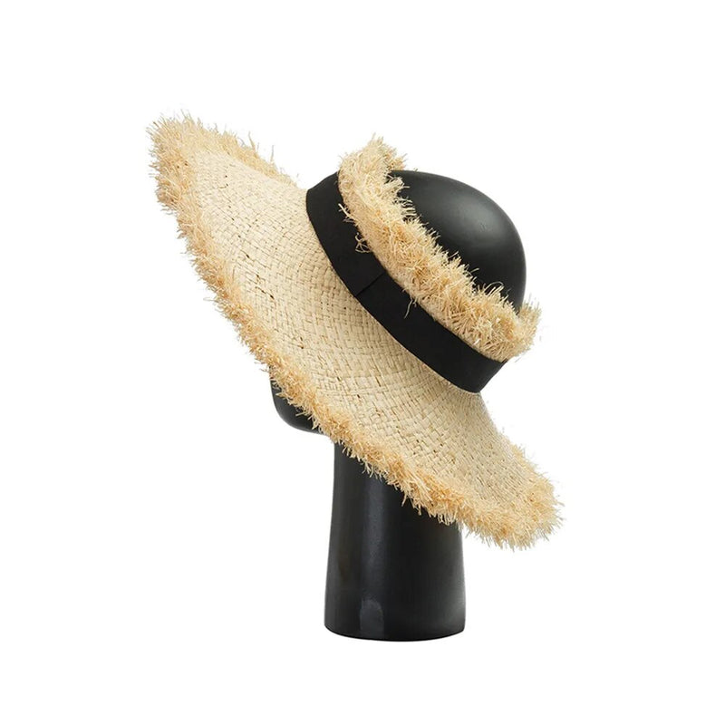 sun hat with ponytail hole on stand showing side view