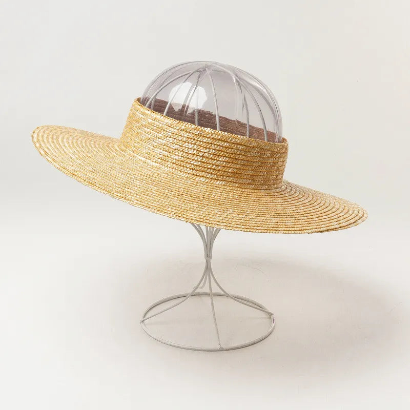 ponytail sun hat on stand showing side view