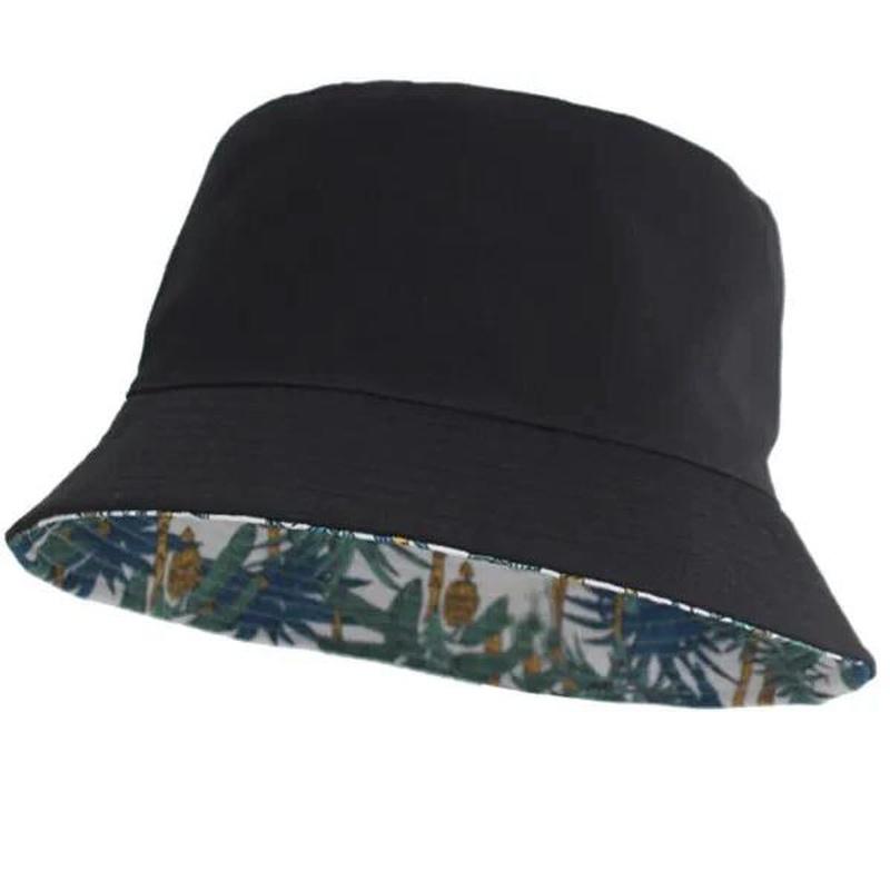 Palm Tree Bucket Hat reverable view with solid black