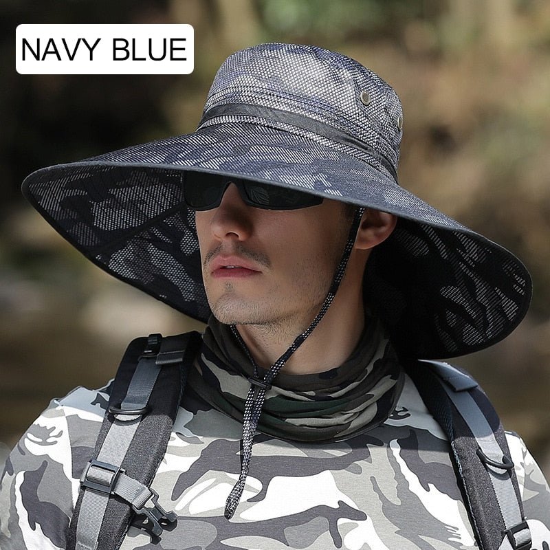 camouflage bucket hat on model in navy