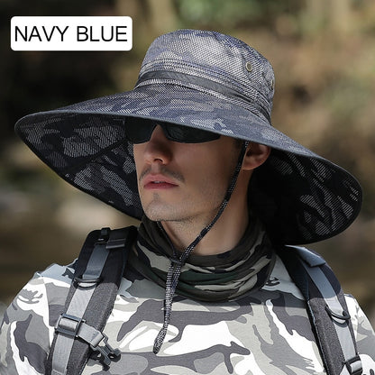 camouflage bucket hat on model in navy
