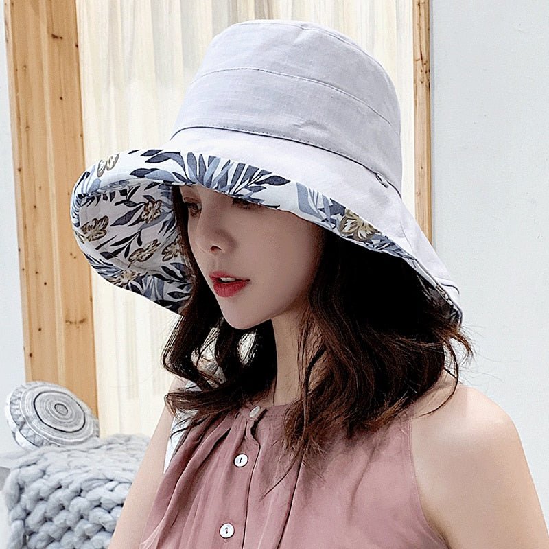 floral bucket hat on model in light gray