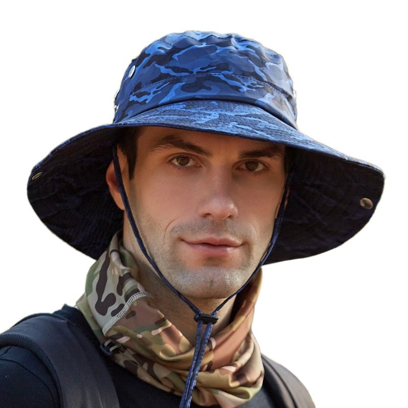 camo bucket hat in blue on model