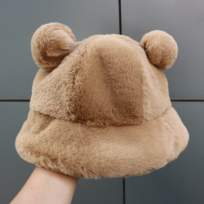 Cute Bear Ear Fur Bucket Hat