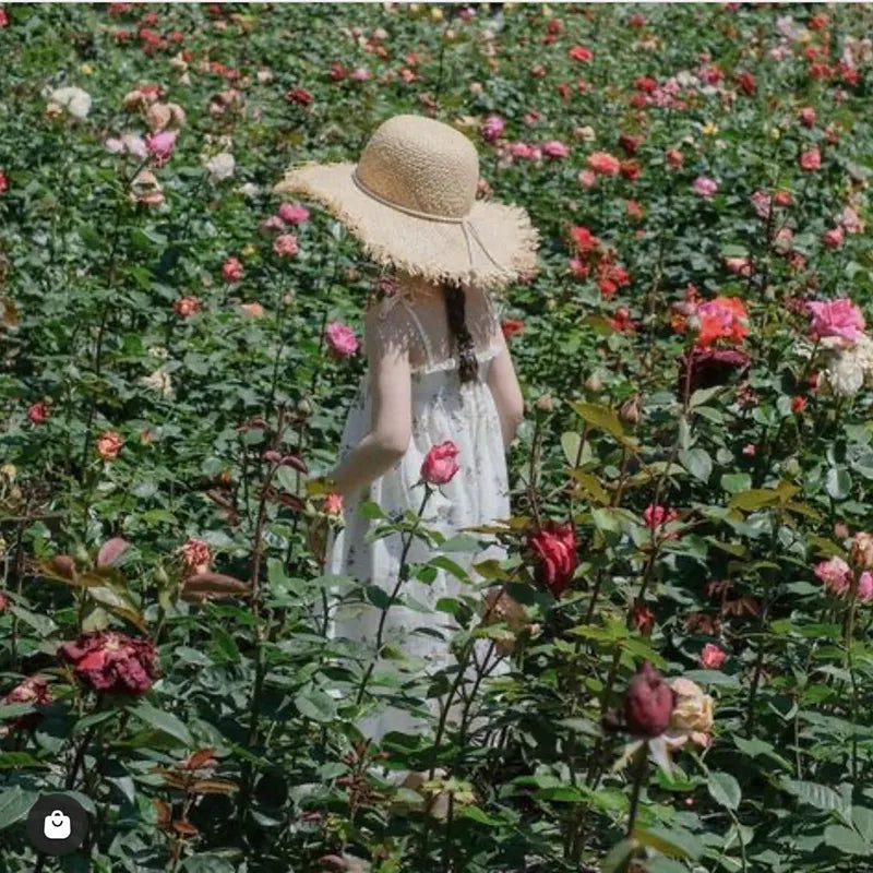 cute straw hat on a child in flowers 