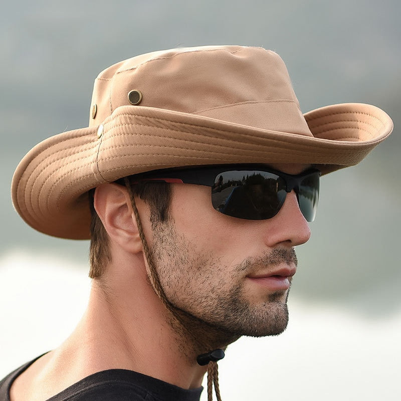 fishermans hat on model close up view in khaki