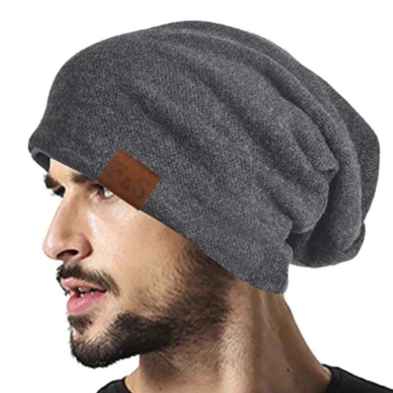 slouch beanie on model in gray