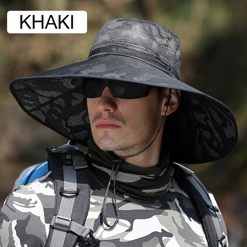 camouflage bucket hat on model in khaki