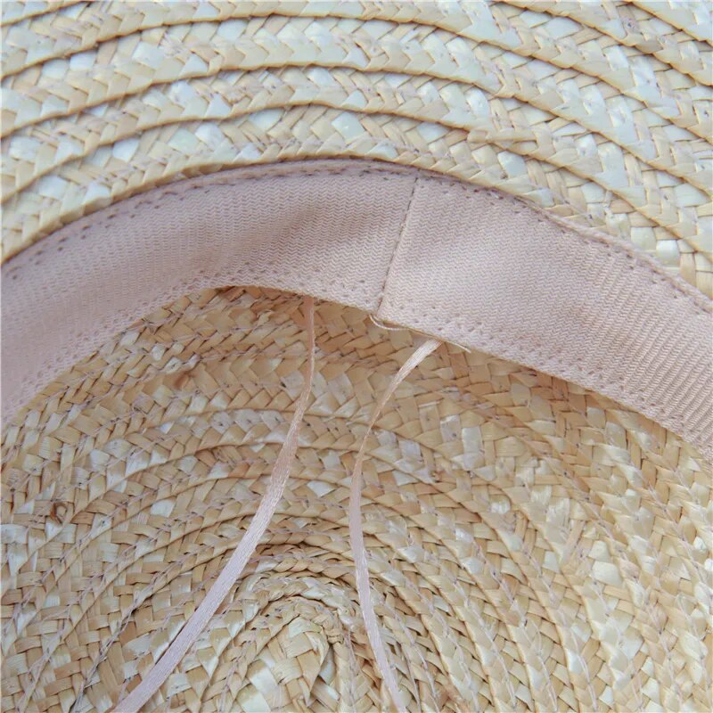 Wide Flat Brimmed Straw Sun Hat With Ribbon