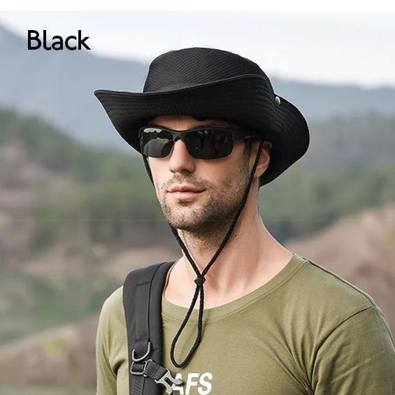 fishermans hat in black on model with brim snapper upwards