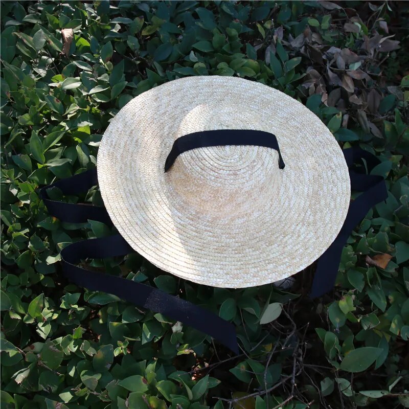 Wide Flat Brimmed Straw Sun Hat With Ribbon