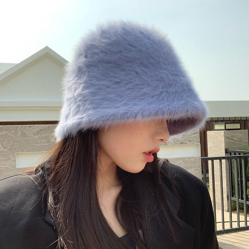 fur bucket hat model in blue front view