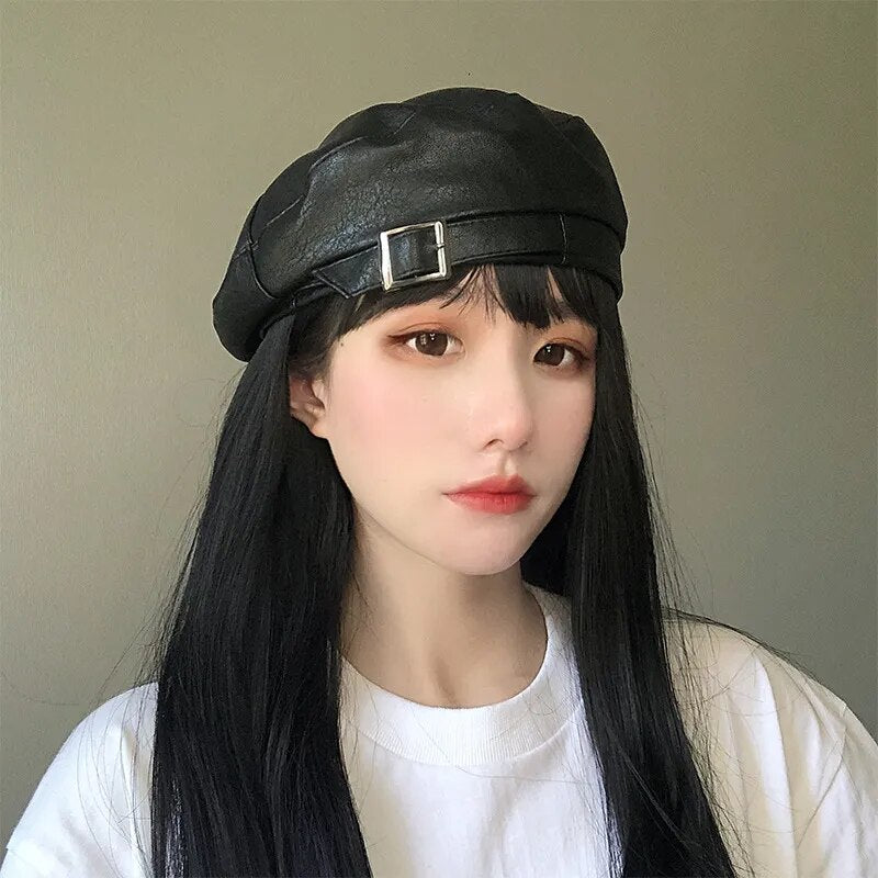 leather beret on model in black front view 