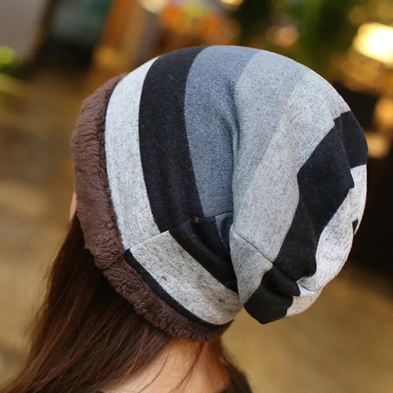 Stripped Beanie back view on model 