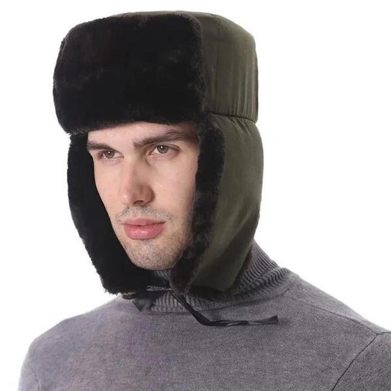 Bomber Hat on model ear flaps tied down