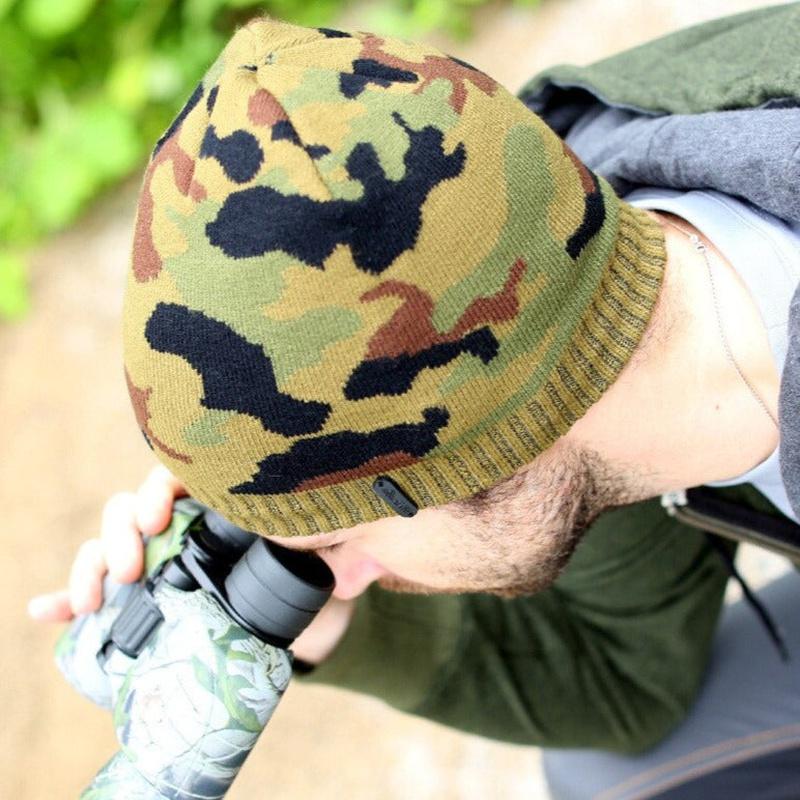Camouflage Beanie on model showing top of hat 