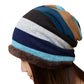 Stripped Beanie on model side view with white and blue
