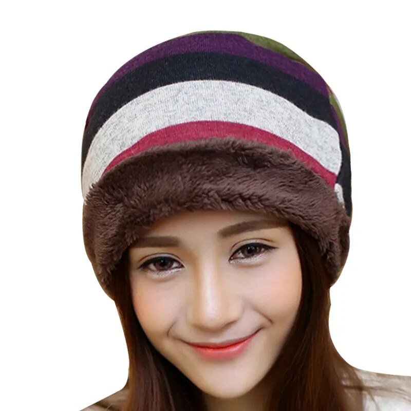 Stripped Beanie on model front view with white and red