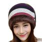 Stripped Beanie on model front view with white and red