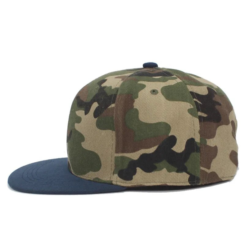 camouflage baseball hat side view with blue brim