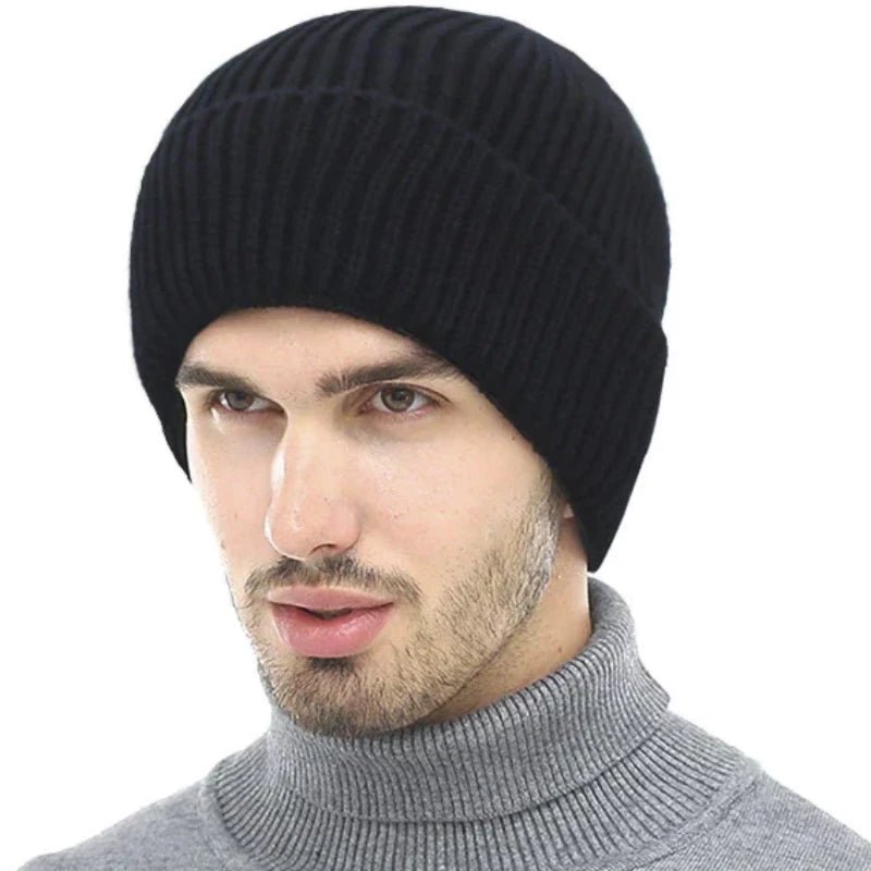 black ribbed beanie on model