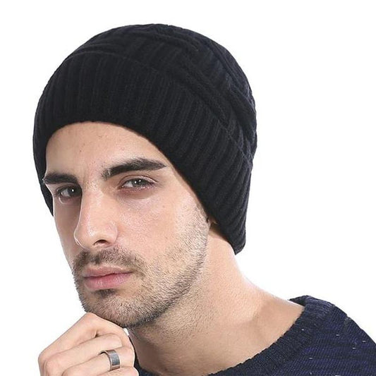 rib knit hat on model in black