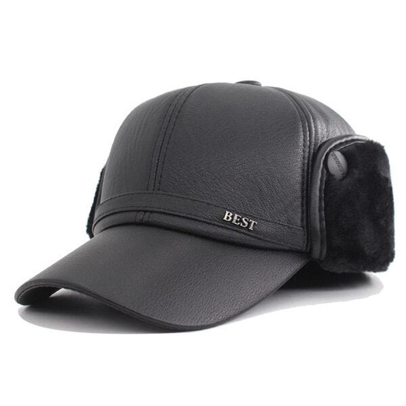 Faux Leather Baseball Cap With Earflaps