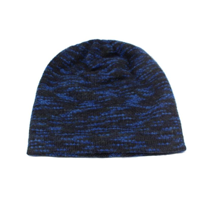 knitted slouchy beanies in blue flat on white background 