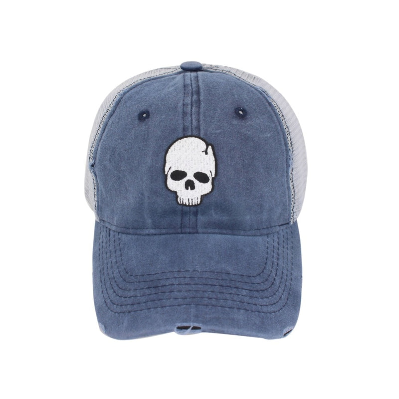 Skull Trucker Hat showing far away view of skull trucket hat 