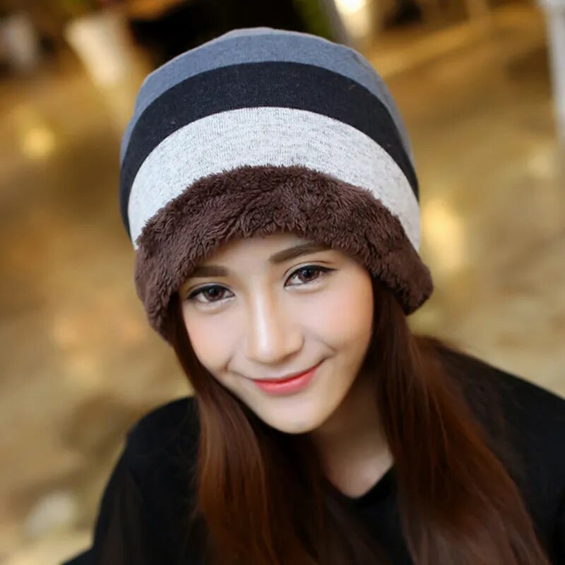 Stripped Beanie on model front view with grey and black