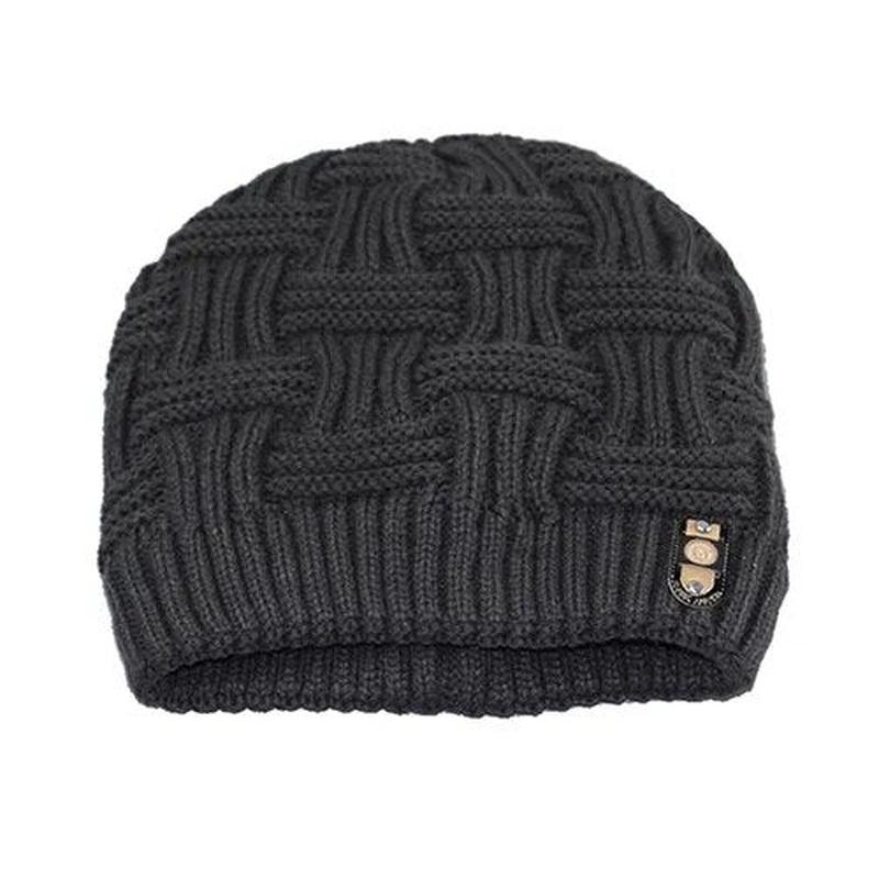 Knit Patterned Beanie with Gold Emblem Logo