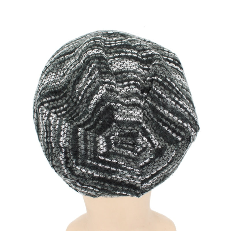 knitted slouchy beanies in gray showing back of head