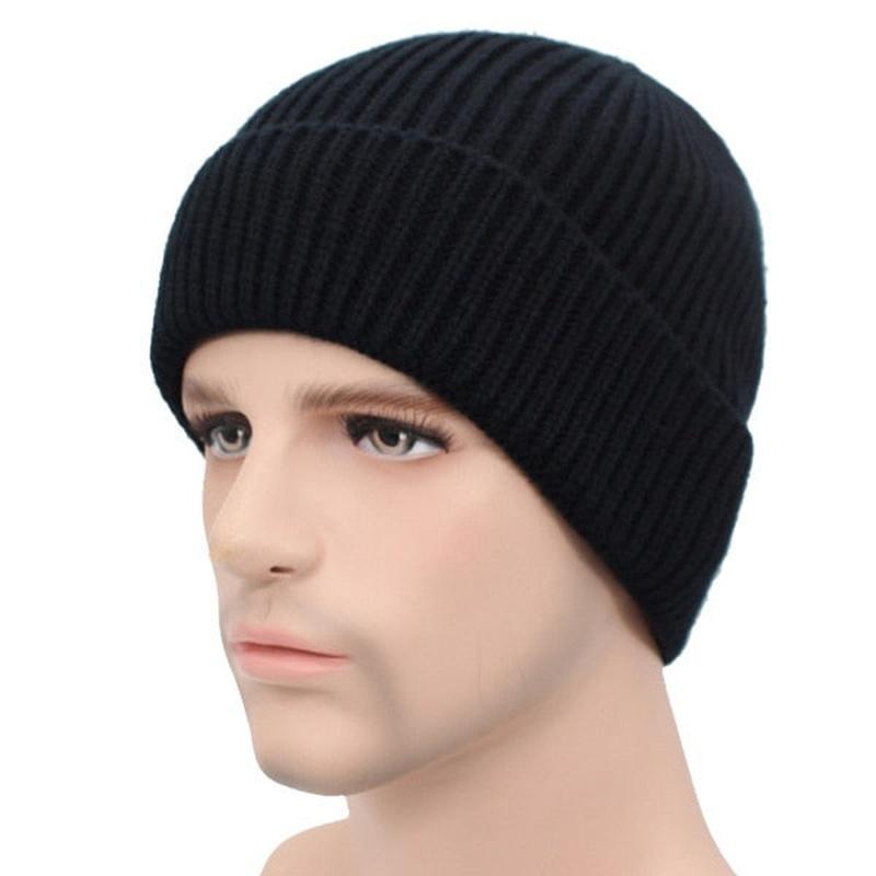 black ribbed beanie on stand front view 
