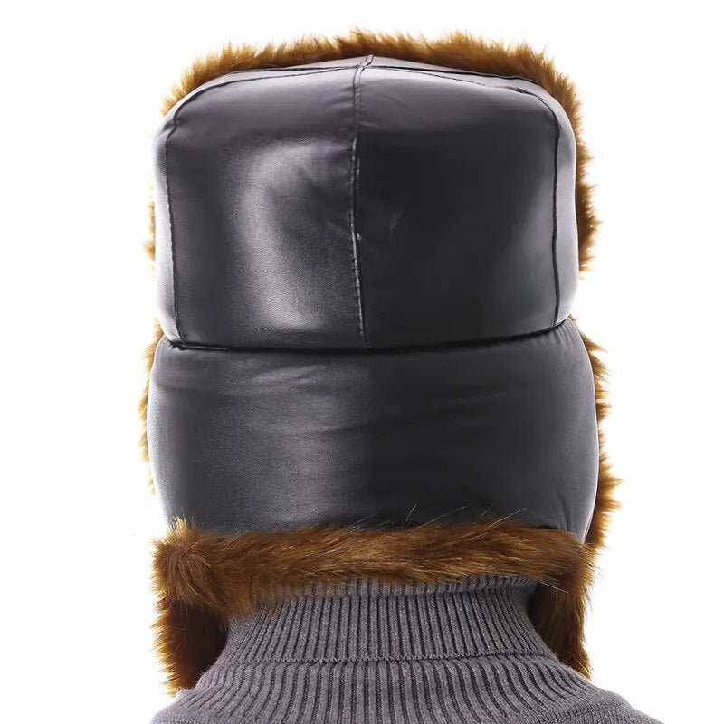 Trapper Hat Mens showing back of hat on model 