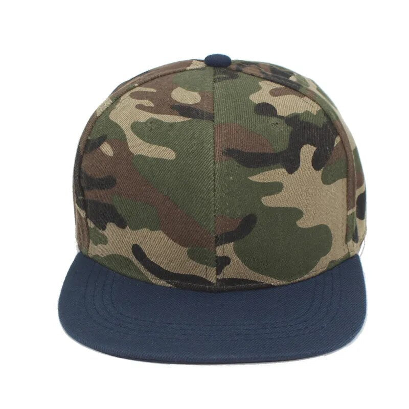 camouflage baseball hat wide angle view of blue flat brim
