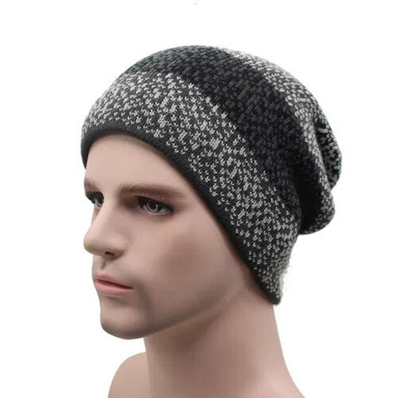 Knit Beanie Mens with light grey and dark grey