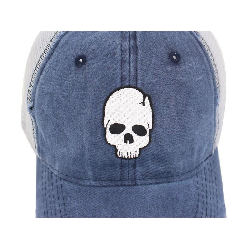 Skull Trucker Hat showing close up view of skull