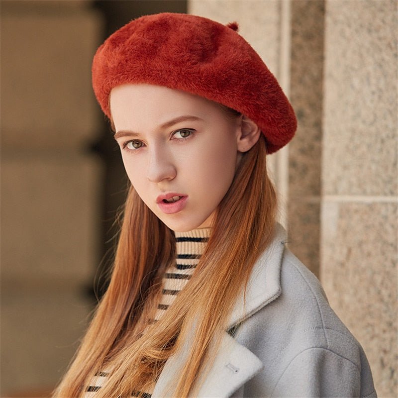 french beret on model in burnt orange 